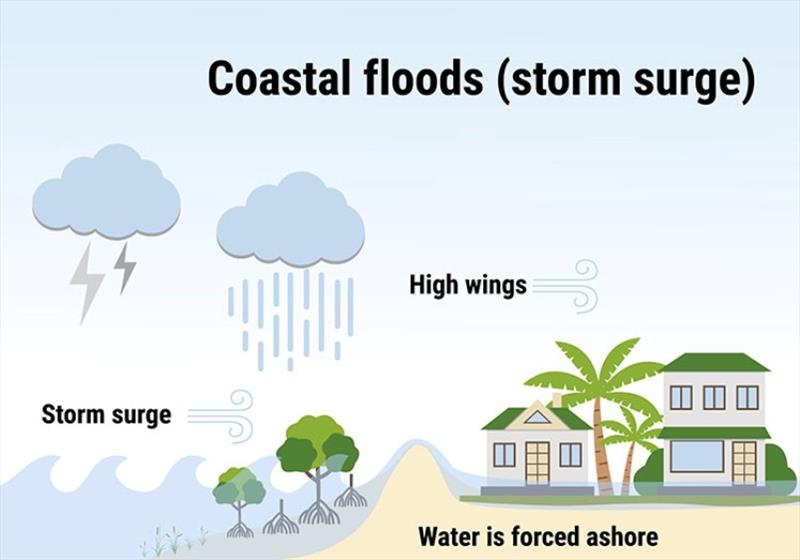 Coastal storm surge occurs when large waves caused by a storm's winds meet the coast, forcing water upward and inland photo copyright M. Malinika / stock.adobe.com taken at  and featuring the Environment class