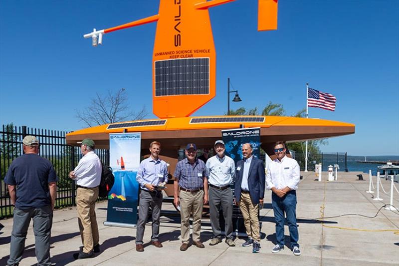 Celebration of advanced technologies on Great Lakes. From left, Josh Miller (USGS biologist), Congressman Tom Tiffany, David Applegate (USGS AD Natural Hazards), Russ Strach (USGS Director GLSC), Matt Womble, Saildrone director of ocean data programs. - photo © Saildrone