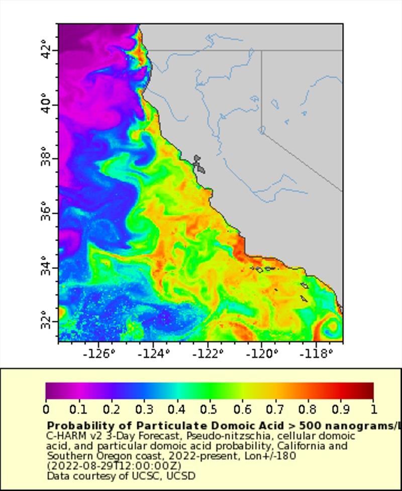 A forecast map produced by the Southern California Coastal Ocean Observing System illustrates the expected concentrations of domoic acid, produced by the harmful algae Pseudo-nitzschia. The darker reds show the highest concentrations photo copyright Southern California Coastal Ocean Observing System taken at  and featuring the Environment class