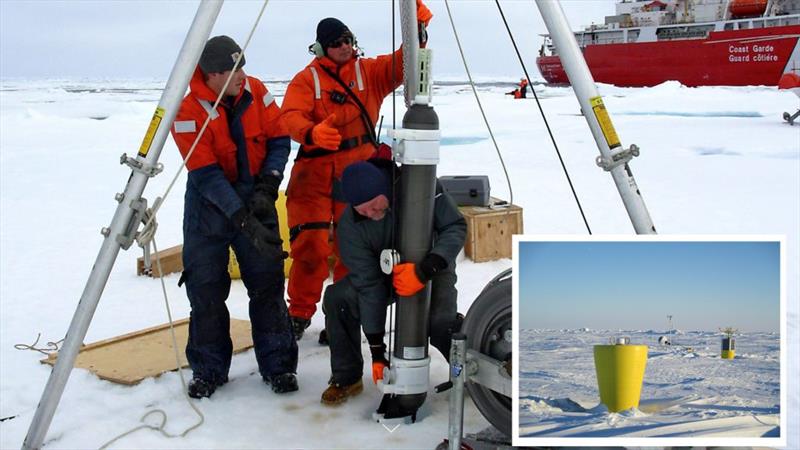 WHOI researchers Kris Newhall (left) and Rick Krishfield (right) and Brian McKenzie set up an Ice-Tethered Profiler to monitor Arctic conditions. (Inset) The plug-like top of an ITP sits atop an ice floe in the Beaufort Sea - photo © Gary Morgan and John Kemp / Woods Hole Oceanographic Institution