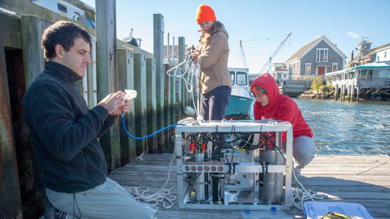 Former WHOI postdoctoral investigator Eyal Wurgaft, WHOI Research Assistant III Kate Morkeski and former MIT-WHOI Joint Program student Mallory Ringham prepare CHANOS II for tests - photo © Jayne Doucette / Woods Hole Oceanographic Institution