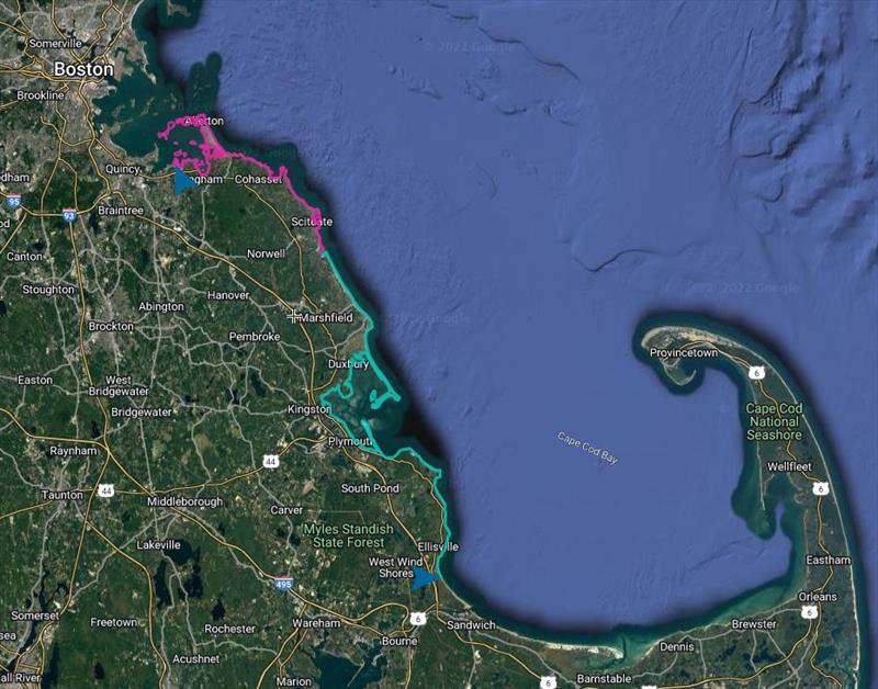 WDC's response area, extending from Webb-Memorial State Park in Weymouth through Plymouth, MA. The blue line shows the current response area and the pink line shows the new territory (~200 miles of coastline in total) - photo © WDC
