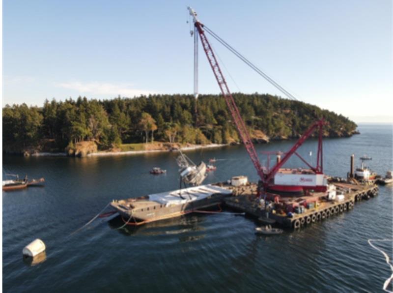 Aleutian Isle being lifted out of the water and onto the barge on September 21, 2022 - photo © Washington Department of Ecology