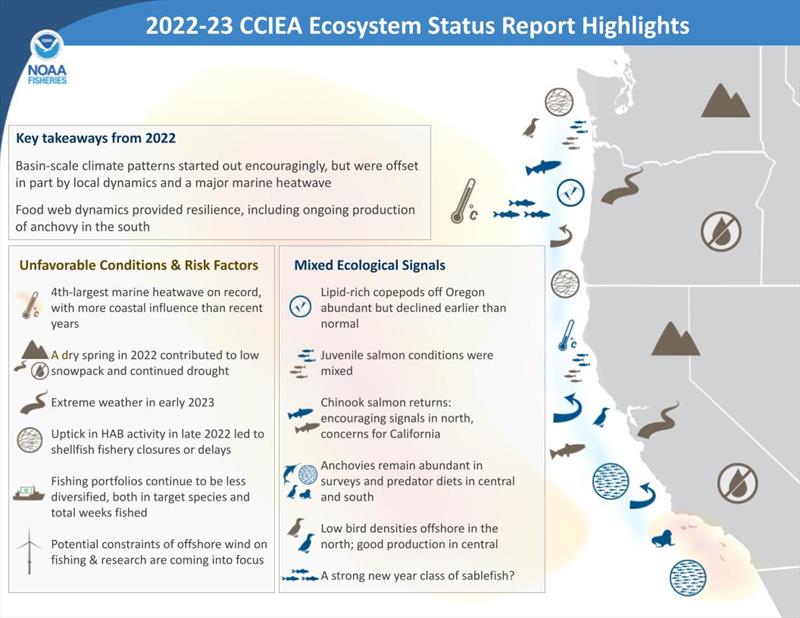 This year's Ecosystem Status Report summarizes conditions in the California Current Ecosystem for 2022. This graphic provides a summary of the key biological, physical, and social science findings - photo © NOAA Fisheries