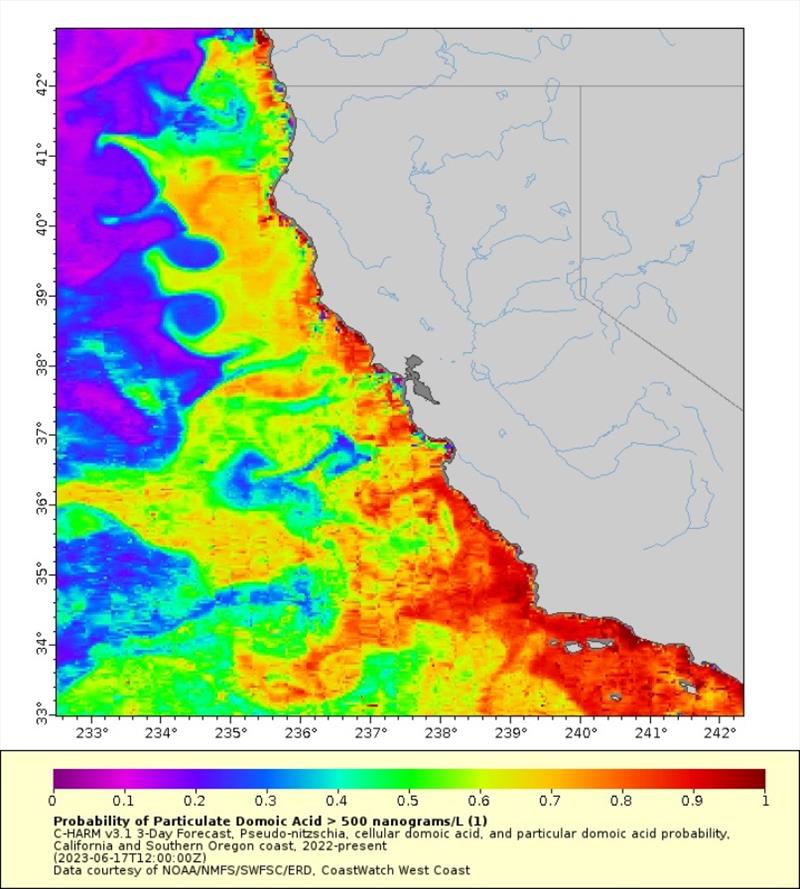 3-day forecast of domoic acid concentrations along the California Coast provided by the Southern California Coastal Ocean Observing System. The darker red reflects the areas most likely to exceed the threshold for a Harmful Algal Bloom - photo © NOAA Fisheries