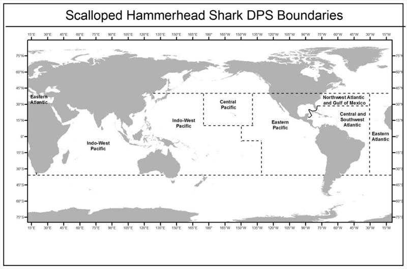 Map of the 6 scalloped hammerhead DPS Locations - photo © NOAA Fisheries
