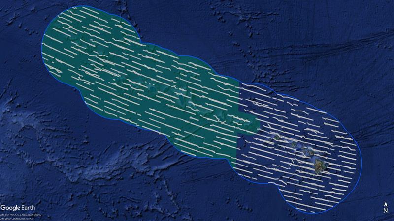 Line-transect survey effort (white lines) within the exclusive economic zone around Hawai‘i (outer blue line) during the HICEAS in 2002, 2010, and 2017. The green shading is the Papahanaumokuakea Marine National Monument - photo © NOAA Fisheries