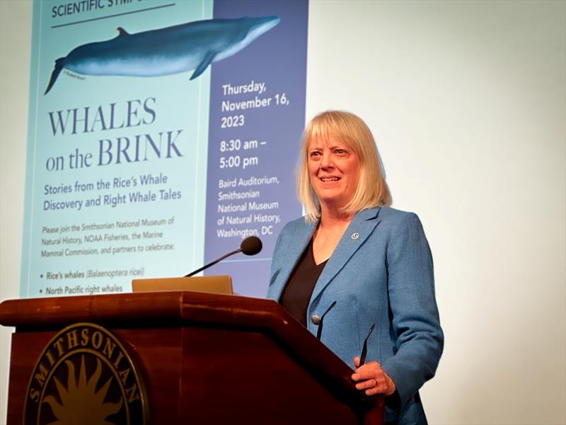 NOAA's Assistant Administrator for Fisheries Janet Coit, opened the event Whales on the Brink: Stories from Rice's Whale Discovery and Right Whale Tales, on November 16, 2023 at the Smithsonian Museum of Natural History - photo © NOAA Fisheries