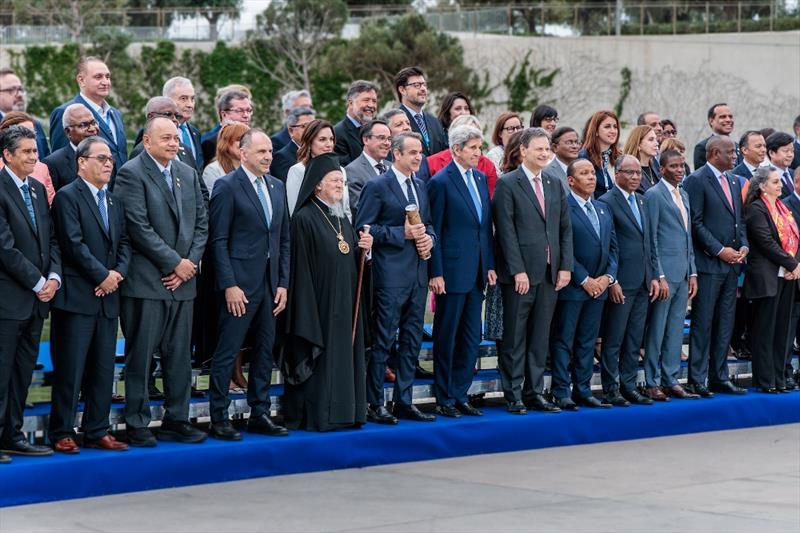 Greek Prime Minister, Kyriakos Mitsotakis holds Nature's Baton, from the Relay4Nature, at the photo call with world leaders at the Our Ocean Conference 2024 in Athens, Greece photo copyright Austin Wong / The Ocean Race taken at  and featuring the Environment class