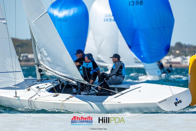 AUS947 Pie. Mark Bradford, Will McCarthy, Anthony Nositer on day 2 of the 2024 Etchells World Championships - photo © Alex Dare, Down Under Sail