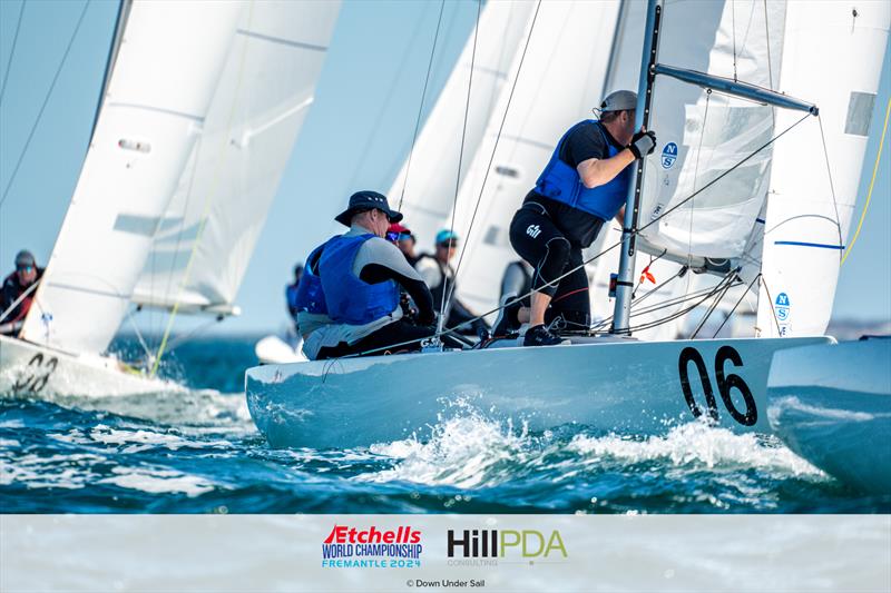 GBR1490 No Dramas. Graham Vials, Billy Russell and Andrew Lawson on day 3 of the 2024 Etchells World Championships photo copyright Alex Dare, Down Under Sail taken at Fremantle Sailing Club and featuring the Etchells class