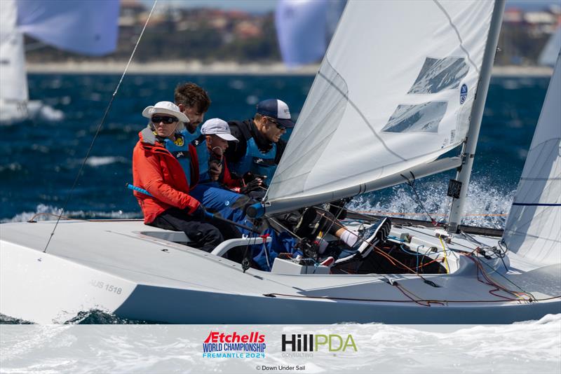 Jeanne-Claude Strong, Seve Jarvin, Sam Newton, and Max Jameson on day 5 of the 2024 Etchells World Championships photo copyright Suellen Hurling for Live Sail Die and Down Under Sail taken at Fremantle Sailing Club and featuring the Etchells class