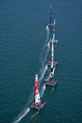 An aerial view of Denmark SailGP Team, Great Britain SailGP Team, Spain SailGP Team, Japan SailGP Team and New Zealand SailGP Team in action on Race Day 2 during Great Britain SailGP, Event 3, Season 2 in Plymouth, Great Britain 18 July  © Thomas Lovelock/SailGP