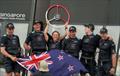 Liv Mackay, strategist of New Zealand SailGP Team, holds the trophy aloft after winning the final race on Race Day 2 of the Singapore Sail Grand Prix © Bob Martin/SailGP