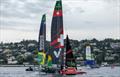 Switzerland SailGP Team helmed by Sebastien Schneiter, BONDS Flying Roos SailGP Team helmed by Tom Slingsby and Germany SailGP Team presented by Deutsche Bank helmed by Erik Heil in action in Geneva © Felix Diemer for SailGP