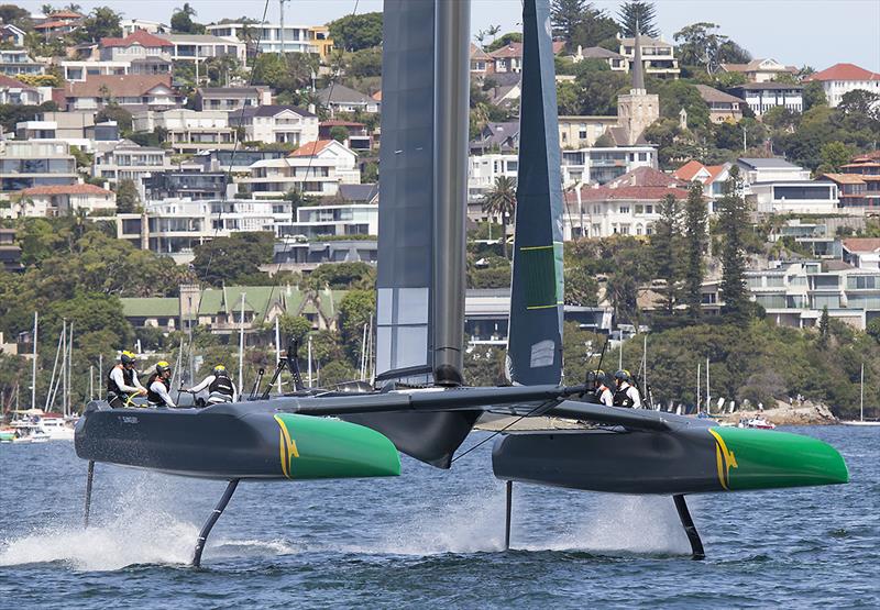 Team AUS prepare to gybe photo copyright John Curnow taken at Royal Sydney Yacht Squadron and featuring the F50 class