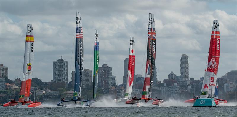 Great Britain SailGP Team helmed by Ben Ainslie leads the fleet during the first race on Race Day 1.  - SailGP - Sydney - Season 2 - February 2020 - Sydney, Australia. - photo © Bob Martin/SailGP