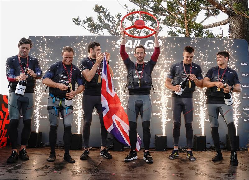 Ben Ainslie, helmsman, lifts the wining trophy as Iain Jensen, Luke Parkinson, Matt Gotrel, Neil Hunter and Richard Mason of Great Britain SailGP Team celebrate winning SailGP Sydney on Race Day 2. - SailGP - Sydney - Season 2 - February 2020 - Sydney, Au photo copyright Thomas Lovelock/SailGP taken at Royal Sydney Yacht Squadron and featuring the F50 class