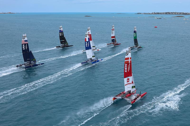 The fleet being led out by Great Britain SailGP Team during Race Day 2 Bermuda SailGP - photo © Simon Bruty/SailGP