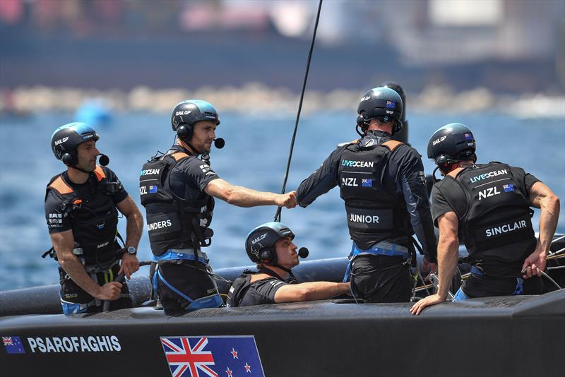 New Zealand SailGP Team helmed by interim skipper Arnaud Psarofaghis celebrate after winning Race 4 on race day 2. Italy SailGP, Event 2, Season 2 in Taranto, Italy. 06 June  photo copyright Ricardo Pinto / SailGP taken at  and featuring the F50 class