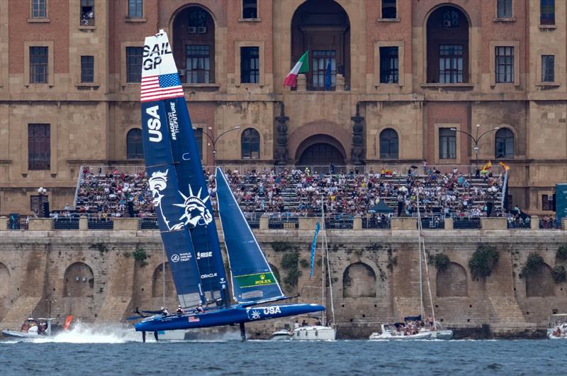USA SailGP Team helmed by Jimmy Spithill breaks down during the three-way match race final on Race Day 2 at the Italy SailGP, Event 2, Season 2 in Taranto, Italy. 06 June  photo copyright Bob Martin / SailGP taken at  and featuring the F50 class