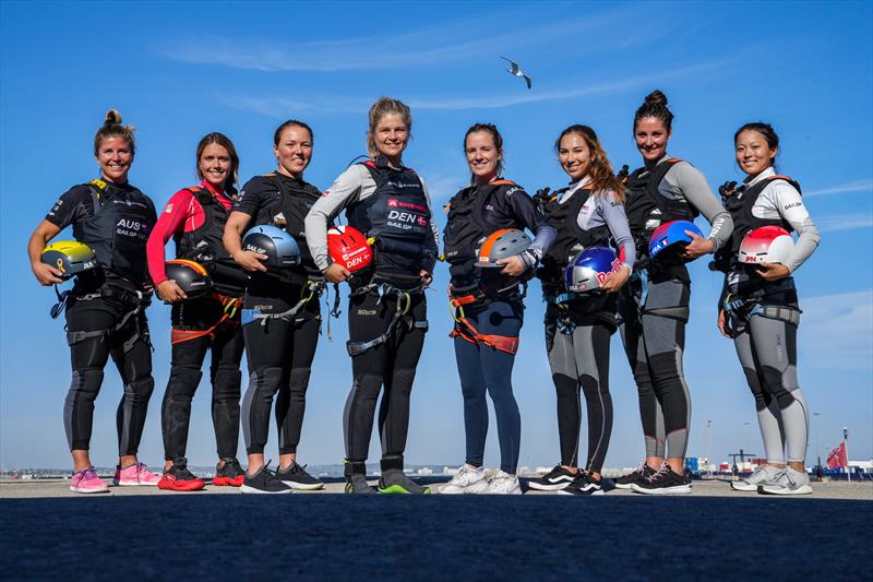 The SailGP women's pathway program From left to right: Nina Curtis (AUS), Andrea Emone (ESP), Liv Mackay (NZL), Katja Salskov-Iversen (DEN), Hannah Mills (GBR), CJ Perez (USA), Amelie Riou (FRA) and Sena Takano (JPN). SailGP Cadiz photo copyright Bob Martin/SailGP taken at  and featuring the F50 class