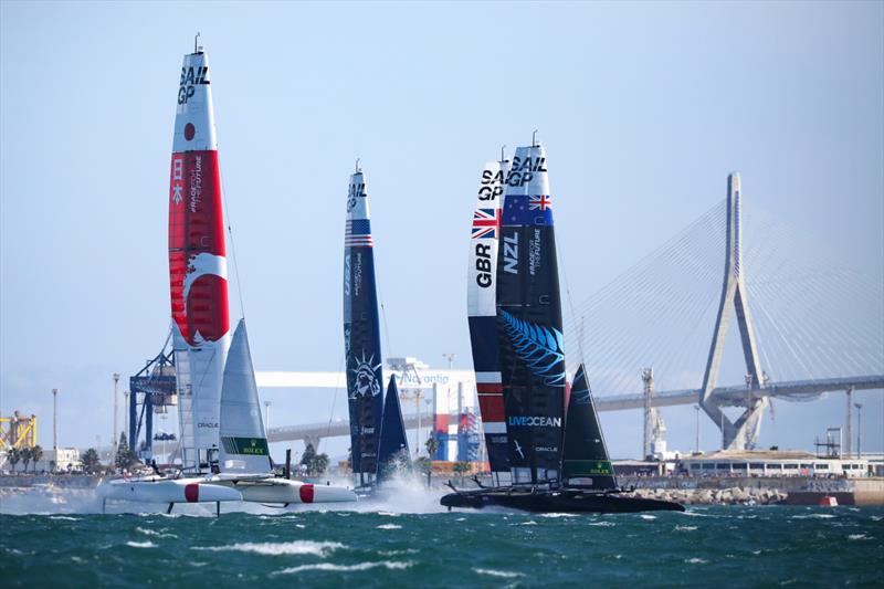 Japan SailGP Team helmed by Nathan Outterridge, USA SailGP Team helmed by Jimmy Spithill, Great Britain SailGP Team helmed by Ben Ainslie and New Zealand SailGP Team co-helmed by Peter Burling and Blair Tuke in action on Race Day 2 at Spain SailGP photo copyright Felix Diemer/SailGP taken at  and featuring the F50 class