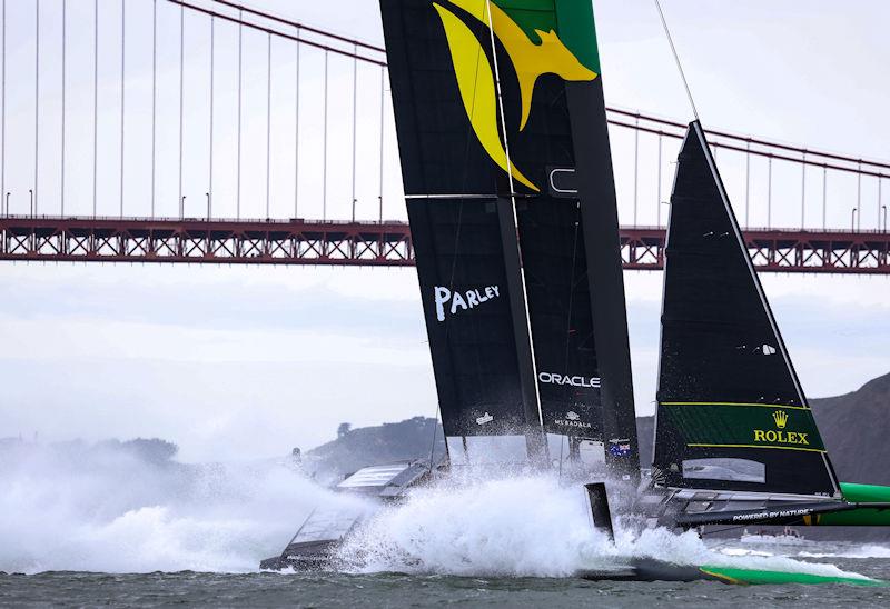 Australia SailGP Team helmed by Tom Slingsby take a tight corner on Race Day 2 of San Francisco SailGP, Season 2 photo copyright Felix Diemer for SailGP taken at Golden Gate Yacht Club and featuring the F50 class
