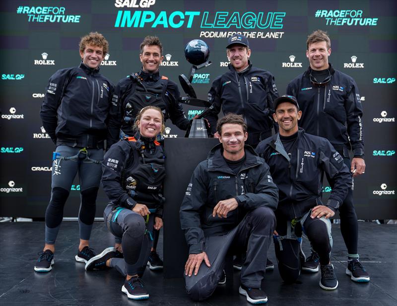 New Zealand SailGP Team co-helmed by Peter Burling and Blair Tuke at the presentation of the Impact League Trophy on Race Day 2 of San Francisco SailGP, Season 2 photo copyright Bob Martin/SailGP taken at Golden Gate Yacht Club and featuring the F50 class