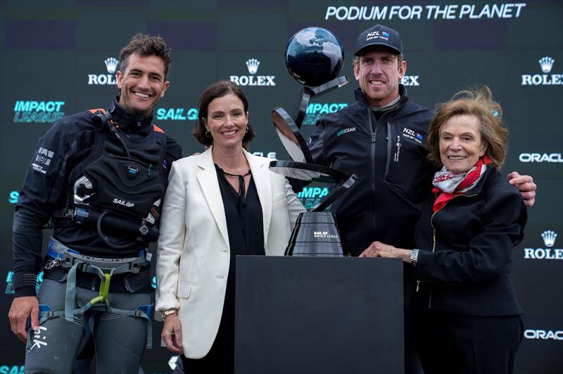 New Zealand SailGP Team co-helmed by Peter Burling and Blair Tuke at the presentation of the Impact League Trophy with Sylvia Earle (Marine Biologist, on right of frame) on Race Day 2 of San Francisco SailGP, Season 2  photo copyright Bob Martin/SailGP taken at Golden Gate Yacht Club and featuring the F50 class