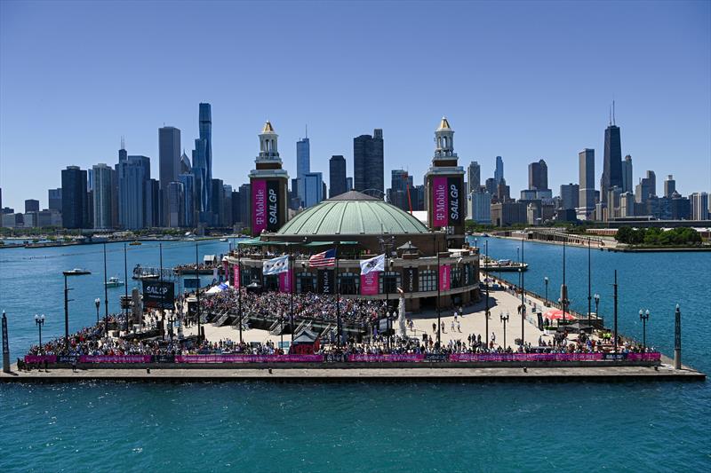 An aerial view of the Navy Per with spectators on Race Day 1 of the T-Mobile United States Sail Grand Prix | Chicago at Navy Pier, Lake Michigan, Season 3, June 2022 photo copyright Jon Buckle/SailGP taken at Chicago Yacht Club and featuring the F50 class