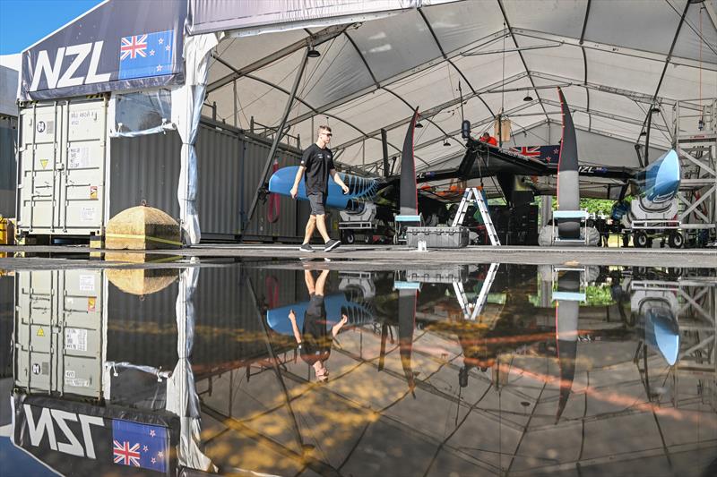 New Zealand SailGP team F50 catamaran inside the hangar in the technical area ahead of T-Mobile United States Sail Grand Prix, Chicago at Navy Pier, Lake Michigan, Season 3 photo copyright Ricardo Pinto/SailGP taken at Chicago Yacht Club and featuring the F50 class