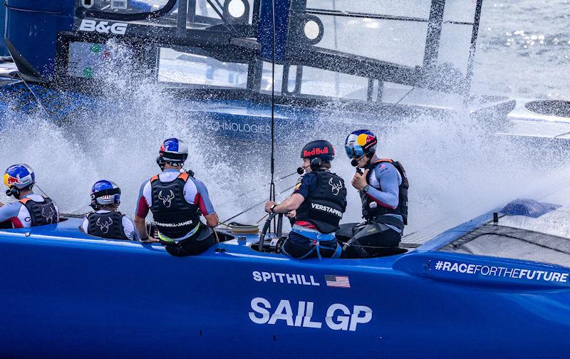 Max Verstappen, Red Bull Racing Formula One driver, at the wheel as he leads the USA SailGP Team during a 'drag race' against Australia SailGP Team helmed by Tom Slingsby ahead of the Range Rover France Sail Grand Prix in Saint Tropez, France - photo © David Gray for SailGP