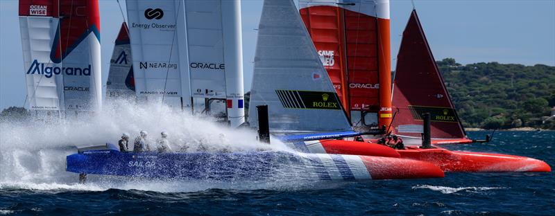 Canada SailGP Team, France SailGP Team  and Spain SailGP Team in action during a practice session ahead of the Range Rover France Sail Grand Prix in Saint Tropez, France - photo © Ricardo Pinto for SailGP