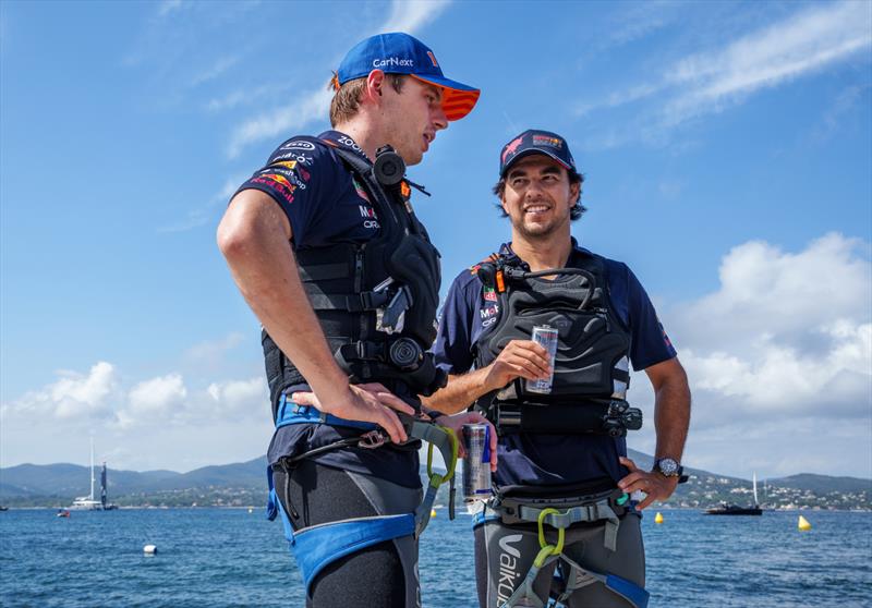 Sergio Perez and Max Verstappen, Red Bull Racing Formula One drivers, react after taking part in a drag race with USA SailGP Team against Australia SailGP Team ahead of the Range Rover France Sail Grand Prix in Saint Tropez, France. 6th September - photo © Adam Warner/SailGP