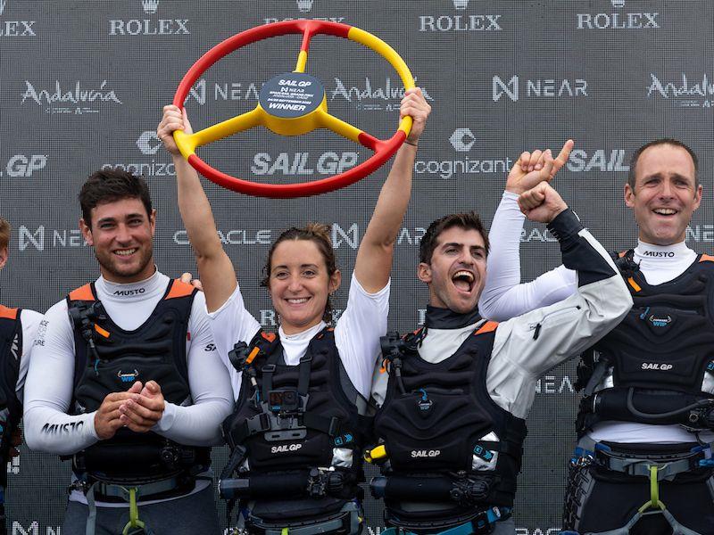 Manon Audinet, strategist of France SailGP Team lifts the trophy with her team mates after winning the Spain Sail Grand Prix in Cadiz photo copyright Ian Walton for SailGP taken at  and featuring the F50 class