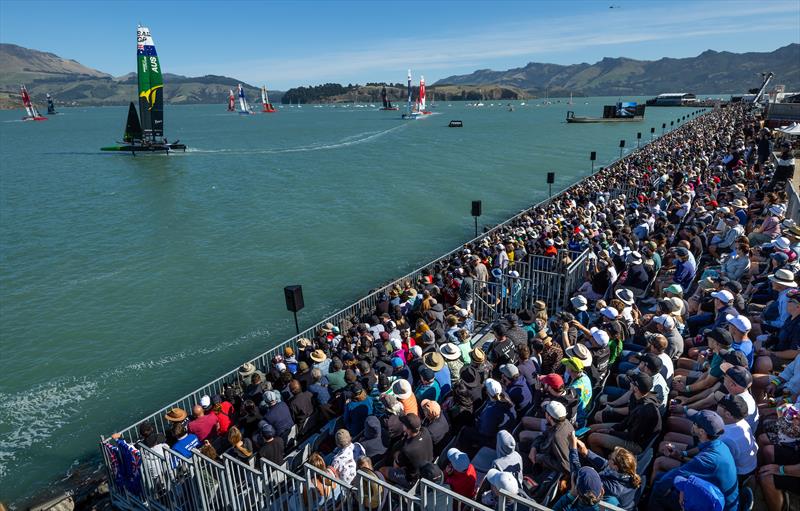 Spectators watch the Australia SailGP Team cross the finish line to win Race 1 on Race Day 2 of the ITM New Zealand Sail Grand Prix in Christchurch - photo © Brett Phibbs/SailGP