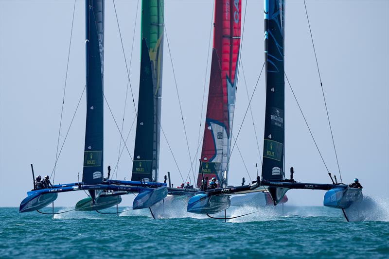 USA SailGP Team alongside New Zealand SailGP Teamahead of Canada SailGP Team and Australia SailGP Team during a practice session ahead of the Spain Sail Grand Prix in Cadiz, Spain. October 13, 2023 photo copyright Bob Martin/SailGP taken at Real Club Náutico de Cádiz and featuring the F50 class