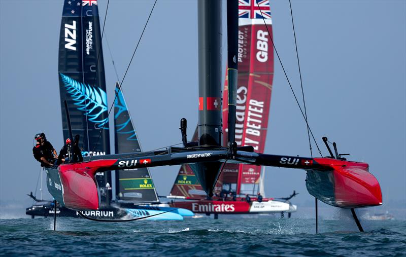 Switzerland SailGP Team helmed by Sebastien Schneiter lead over Emirates Great Britain SailGP Team and New Zealand SailGP Team on Race Day 1 of the Spain Sail Grand Prix in Cadiz, Spain.  October 14, 2023  photo copyright Felix Diemer/SailGP taken at Real Club Náutico de Cádiz and featuring the F50 class