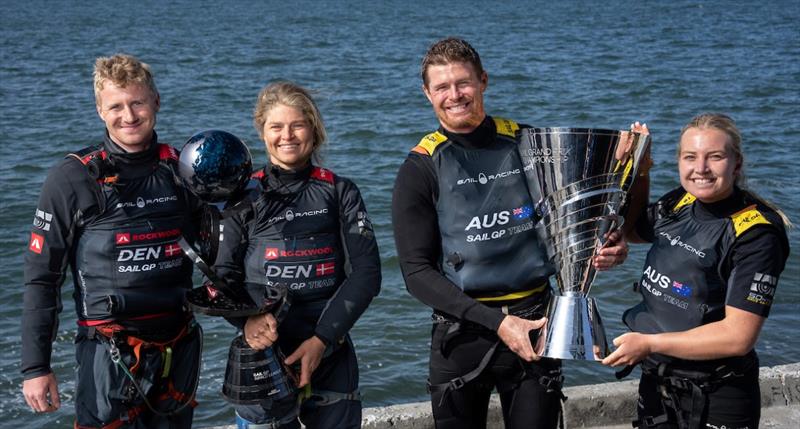 Nicolai Sehested and Katja Salskov-Iversen lift the Impact League trophy after winning the Season 3 Impact League, while Tom Slingsby and Tash Bryant lift the SailGP Championship trophy after winning the Mubadala SailGP Season 3 Grand Final - photo © Bob Martin for SailGP
