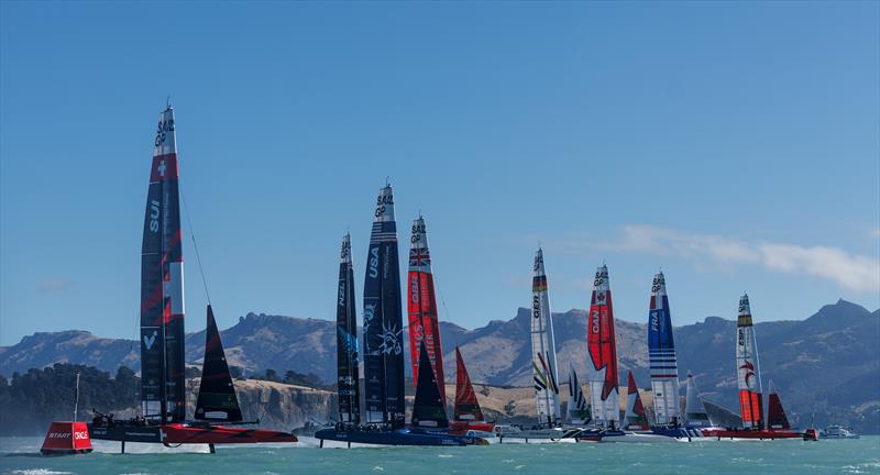 The fleet in action led by Spain SailGP Team as they cross the start line on Race Day 2 of the ITM New Zealand Sail Grand Prix in Christchurch, New Zealand - photo © Chloe Knott for SailGP