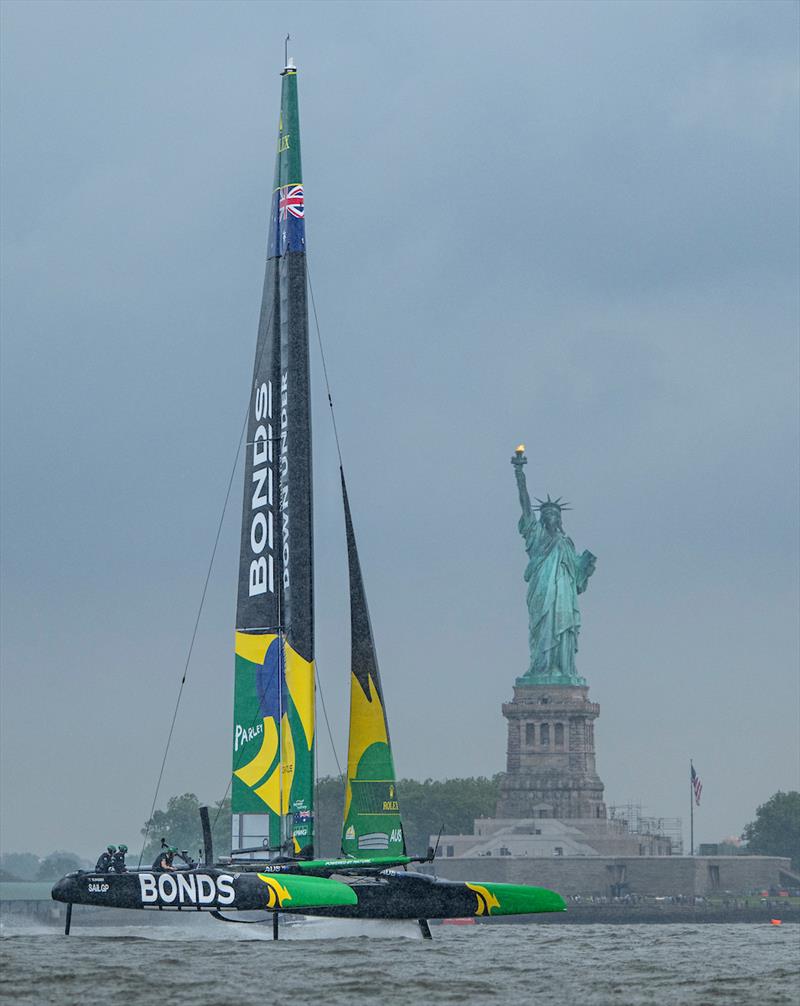 BONDS Flying Roos SailGP Team helmed by Tom Slingsby passes the Statue of Liberty on Race Day 1 of the Mubadala New York Sail Grand Prix in New York, USA. Saturday 7 June. Rolex SailGP Championship Event 6 Season - photo © Ricardo Pinto for SailGP