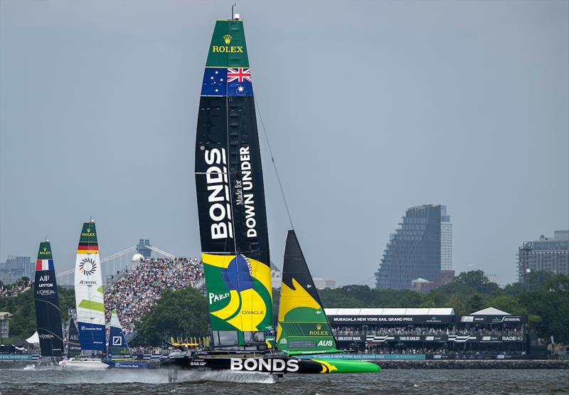 BONDS Flying Roos SailGP Team helmed by Tom Slingsby sails past the SailGP Race Stadium and SailGP Grandstand on Race Day 2 of the Mubadala New York Sail Grand Prix in New York, USA - photo © Ricardo Pinto for SailGP