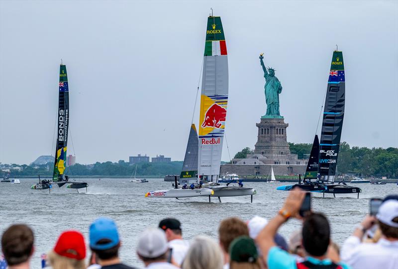 Iconic backdrops are part of SailGP - Day 2 of the Mubadala New York Sail Grand Prix  photo copyright Mike Lawrence/SailGP taken at New York Sailing Club and featuring the F50 class
