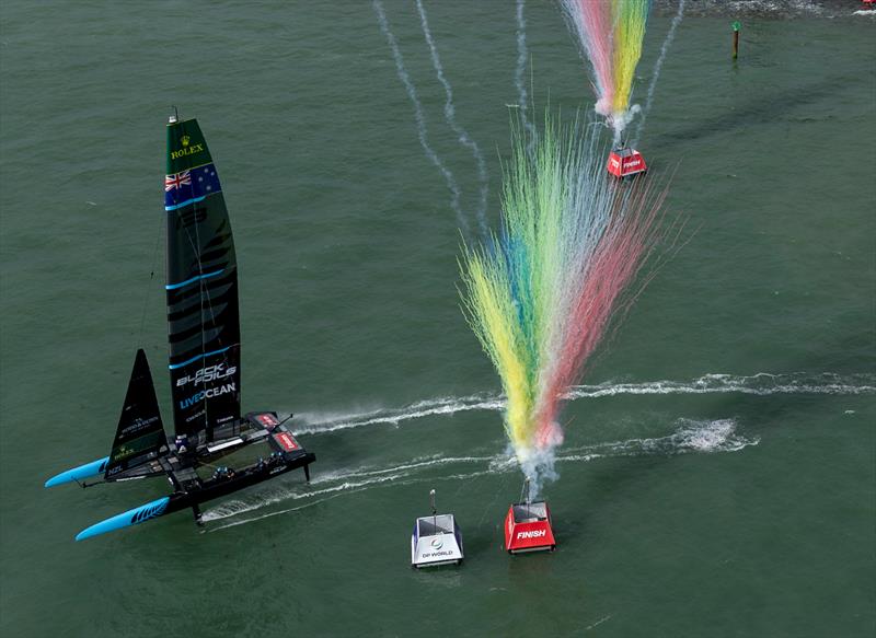 The pyrotechnics go off as New Zealand SailGP Team helmed by Peter Burling cross the finishing to win the Emirates Great Britain Sail Grand Prix in Portsmouth, UK photo copyright Simon Bruty for SailGP taken at  and featuring the F50 class