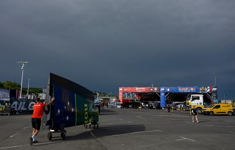 Members of the technical team start the breakdown in the technical area after racing cancelled for Day 2 - Rockwool France SailGP - September 13, 2025 - Saint-Tropez photo copyright Jonathan Nackstrand/SailGP taken at Société Nautique de Saint-Tropez and featuring the F50 class