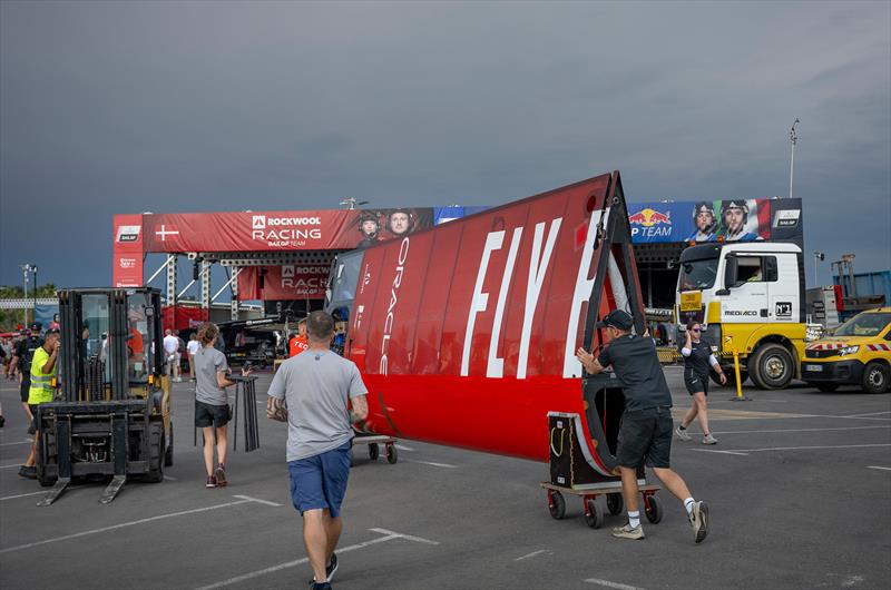 Members of the technical team start the breakdown in the technical area after racing cancelled for Day 2 - Rockwool France SailGP - September 13, 2025 - Saint-Tropez photo copyright Jonathan Nackstrand/SailGP taken at Société Nautique de Saint-Tropez and featuring the F50 class