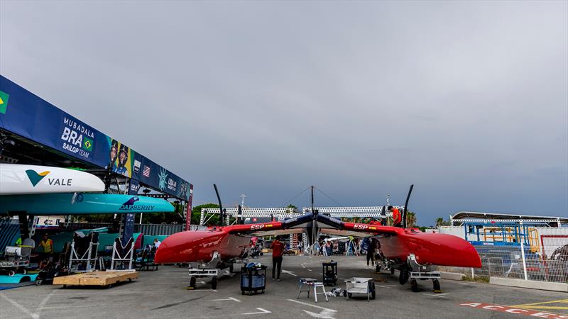 Members of the technical team start the breakdown in the technical area after racing cancelled for Day 2 - Rockwool France SailGP - September 13, 2025 - Saint-Tropez photo copyright Jonathan Nackstrand/SailGP taken at Société Nautique de Saint-Tropez and featuring the F50 class