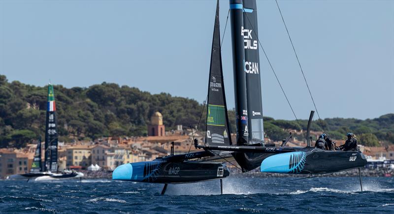 BlackFoils (NZL)  ahead of France - Race Day 1 - Rockwool France SailGP - Saint Tropez - September 12, 2025 photo copyright Felix Diemer/SailGP taken at Société Nautique de Saint-Tropez and featuring the F50 class