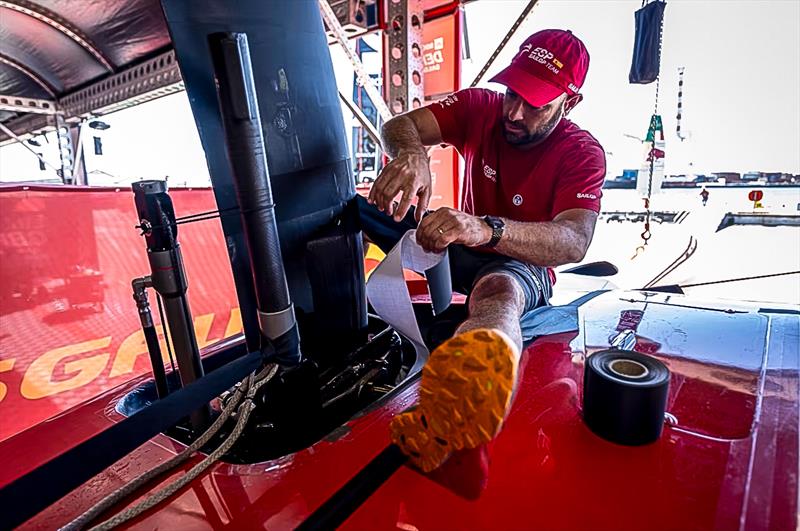 Working on the damaged Spanish F50 after the practice incident of January 15, 2026, Fremantle - photo © SailGP